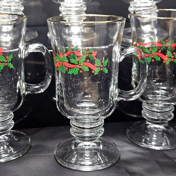 6 Libbey Holly Ribbons Irish Coffee Glasses 5.5" Christmas latte hot cocoa vtg - Picture 9 of 10